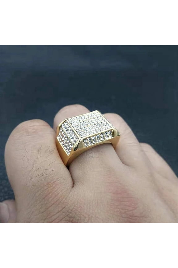 Lovelords Men's Ring Iced Out Bling Jewelry Male 14k Yellow Gold Pave Rhinestones Square Rings For Men Anillos
