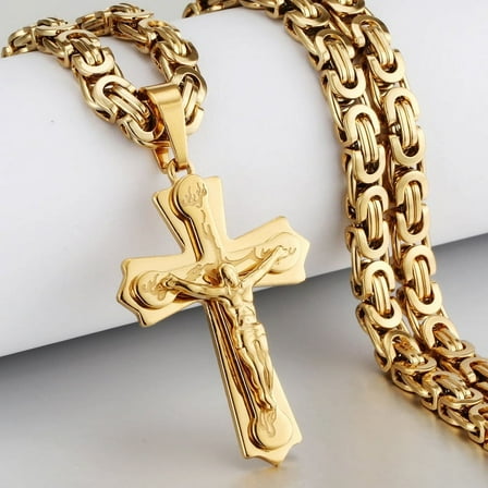 Lovelords Religious Jesus 14k Yellow Gold Cross Necklace Men Crucifix Pendant with Chain Necklaces Male Necklace Jewelry