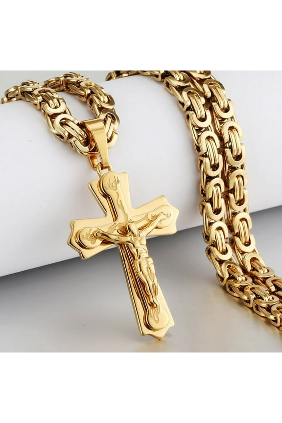 Lovelords Religious Jesus 14k Yellow Gold Cross Necklace Men Crucifix Pendant with Chain Necklaces Male Necklace Jewelry