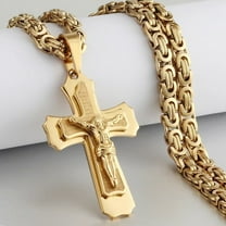 Lovelords Religious Men Crucifix 14K Yellow Gold Cross Pendant Necklace Heavy Byzantine Chain Necklaces Jesus Christ Holy Jewelry Gifts