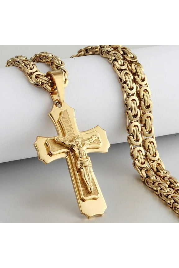 Lovelords Religious Men Crucifix 14K Yellow Gold Cross Pendant Necklace Heavy Byzantine Chain Necklaces Jesus Christ Holy Jewelry Gifts