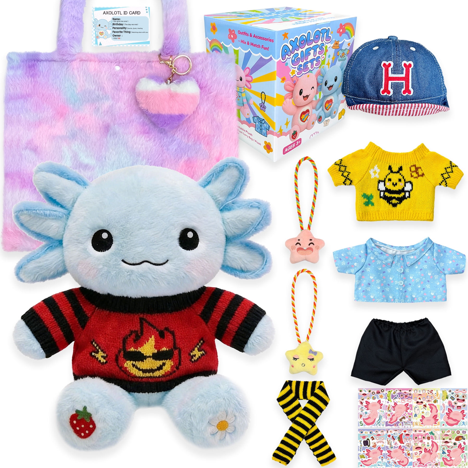 Lovely 13” Axolotl Plush Playset with 12 Clothes & Accessories, Cute Stuffed Animal Gift for Girls Kids 4-12 Years Old