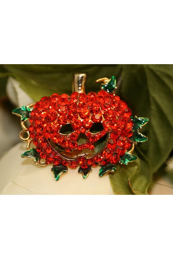 Lovely 3D Orange Rhinestone Pumpkin Face Brooch Pin, Halloween Jewelry Gift