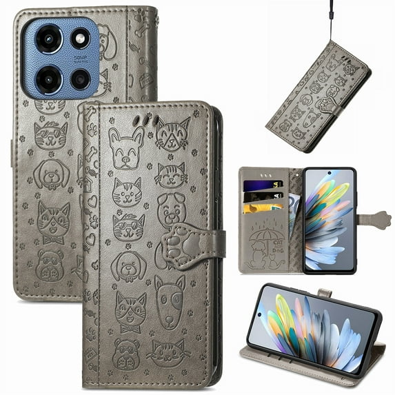 Lovely Animal Pattern Wallet Flip Case for Motorola Edge 2025, PU Leather Magnetic Closure Card Holder Lanyard Kickstand Phone Cover for Motorola Edge 2025, Gray