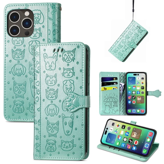 Lovely Animal Pattern Wallet Flip Case for iPhone 16 Pro Max, PU Leather Magnetic Closure Card Holder Lanyard Kickstand Phone Cover for iPhone 16 Pro Max, Green