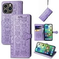 thumbnail image 1 of Lovely Animal Pattern Wallet Flip Case for iPhone 16 Pro Max, PU Leather Magnetic Closure Card Holder Lanyard Kickstand Phone Cover for iPhone 16 Pro Max, Purple, 1 of 5