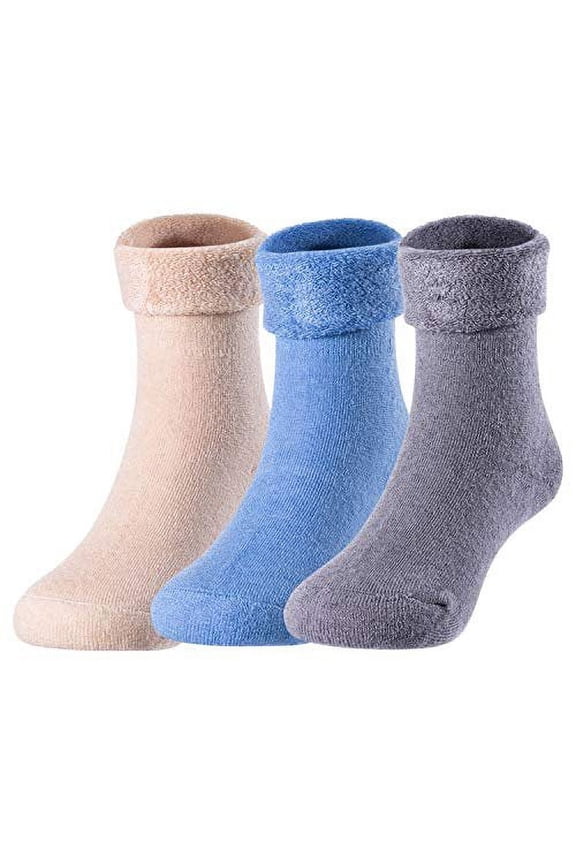 3 Pairs Pack Children Wool Socks Plain Color 12M-24M Blue, Gray, Beige