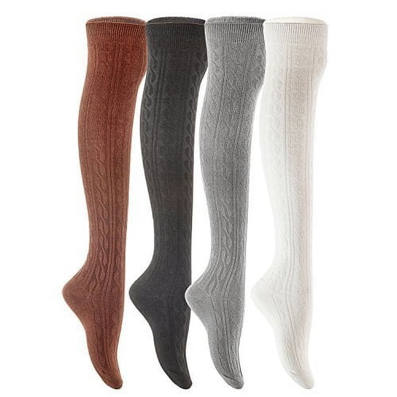 Lovely Annie Big Girl's 4 Pairs Over Knee High Thigh High Cotton Socks A2JMYP102-1 Size L/XLBlack,Coffee,Dark Grey,White