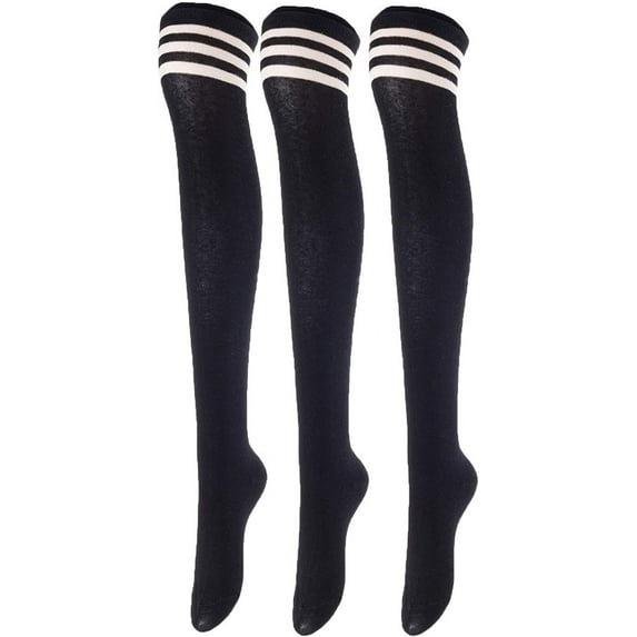 Lovely Annie Big Girl's Women's 3 Pairs Incredible Durable Super Soft Unique Over Knee High Thigh High Cotton Socks Size 6-9 A1022(Black)
