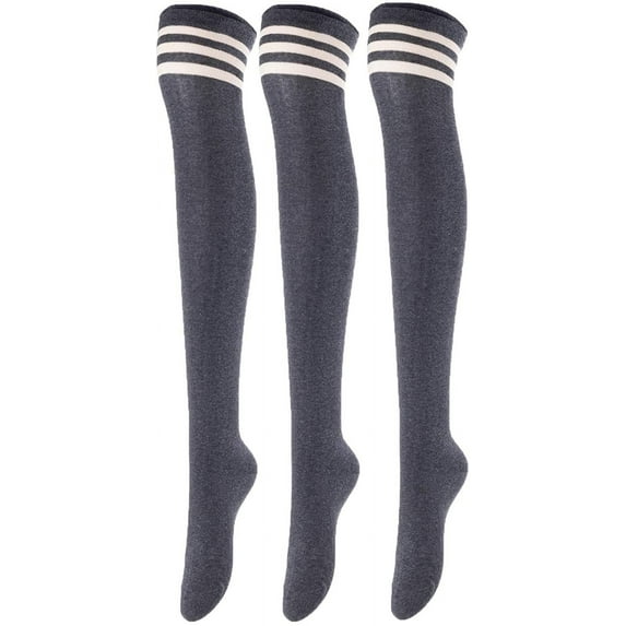 Lovely Annie Big Girl's Women's 3 Pairs Incredible Durable Super Soft Unique Over Knee High Thigh High Cotton Socks Size 6-9 A1022(Dark Grey)