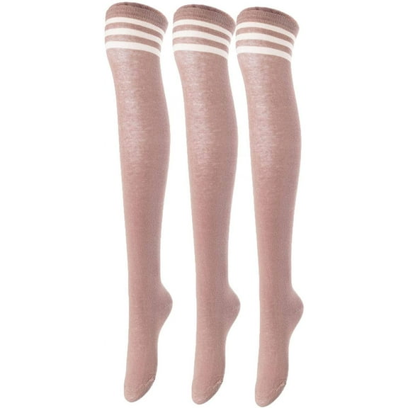 Lovely Annie Big Girl's Women's 3 Pairs Incredible Durable Super Soft Unique Over Knee High Thigh High Cotton Socks Size 6-9 A1022(Khaki)
