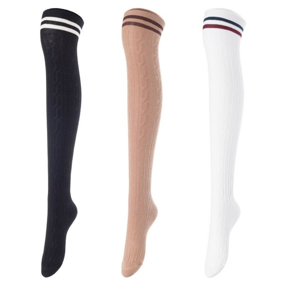 Lovely Annie Big Girl's Women's 3 Pairs Over Knee High Thigh High Cotton Boot Socks Size 6-9Black, Kakhi, White L1023-3c14