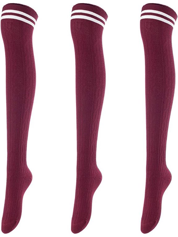 Big Girl's Women's 3 Pairs Incredible Durable Super Soft Unique Over Knee High Thigh High Cotton Socks Size 6-9 A1023(Wine)