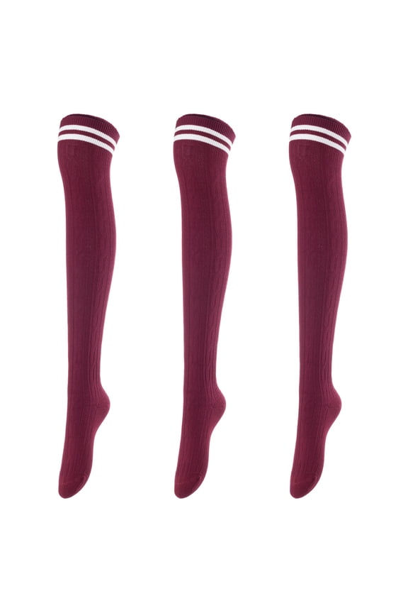 Big Girl's Women's 3 Pairs Over Knee High Thigh High Cotton Boot Socks Size 6-9(Wine) 3p1c7