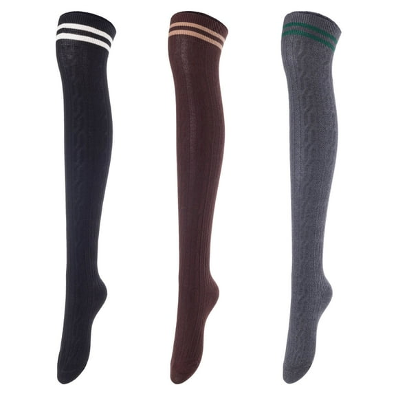 Lovely Annie Big Girl's Women's 3 Pairs Over Knee High Thigh High Cotton Boot Socks Size 6-9Black, Coffee, Dark Grey, Khaki J1023-3c1