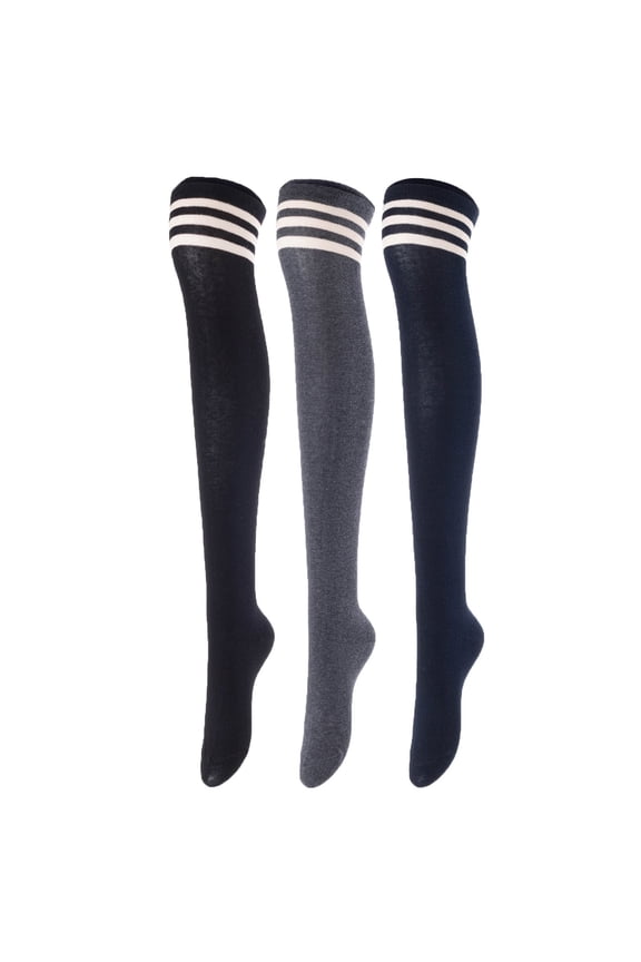 Big Girl's Women's 3 Pairs Over Knee High Thigh High Cotton Boot Socks Size 6-9Black, Dark Grey, Navy L1022-3c9