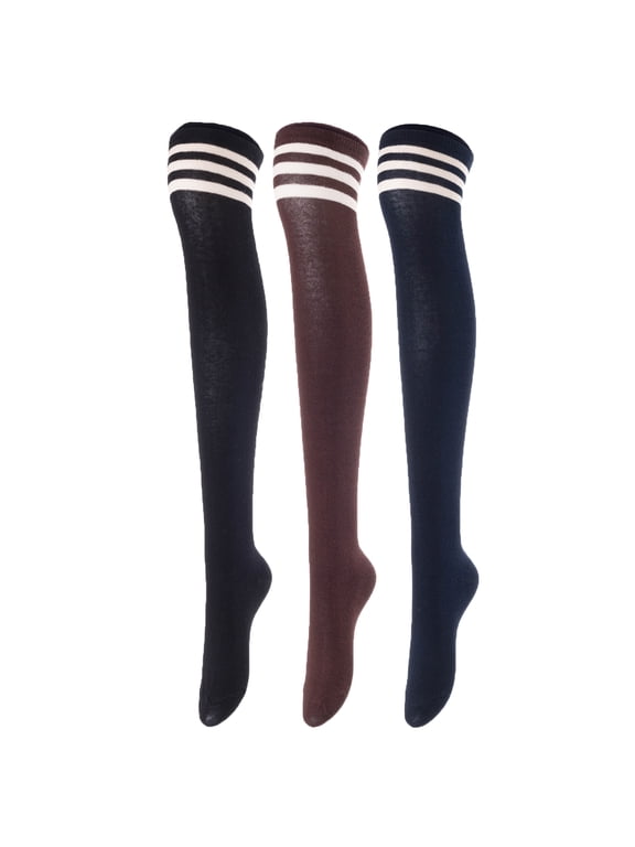 Big Girl's Women's 3 Pairs Incredible Durable Super Soft Unique Over Knee High Thigh High Cotton Socks Size 5-9 A1022(Blk,Cofe,Navy)