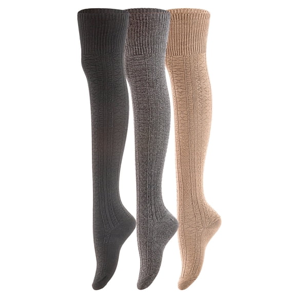 Lovely Annie Big Girl's Women's 3 Pairs Remarkable, Colorful & Fancy Thigh High Cotton Socks A1025 Size 2-6Black,Dark Grey,Beige