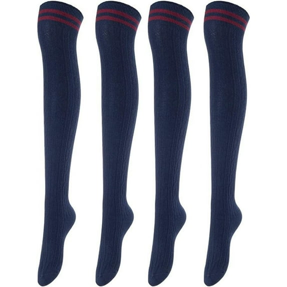 Lovely Annie Big Girl's Women's 4 Pairs Remarkable, Colorful & Fancy Thigh High Cotton Socks JBG1023 Size 2-6Navy 4p1c6