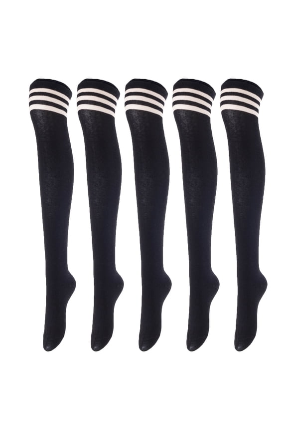 Big Girl's Women's 5 Pairs Over Knee High Thigh High Cotton Boot Socks Size 6-9Black 5p1c1