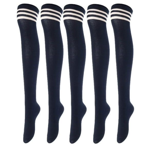 Lovely Annie Big Girl's Women's 5 Pairs Over Knee High Thigh High Cotton Boot Socks Size 6-9Navy 5p1c6