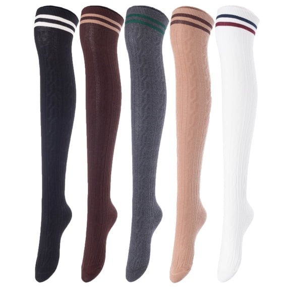 Lovely Annie Big Girl's Women's 5 Pairs Over Knee High Thigh High Cotton Boot Socks Size 6-9(Black, Coffee, Dark Grey, Khaki, White) 5c1