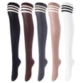 thumbnail image 1 of Lovely Annie Big Girl's Women's 5 Pairs Over Knee High Thigh High Cotton Boot Socks Size 6-9Black, Coffee, Dark Grey, Khaki, White 5c1, 1 of 9