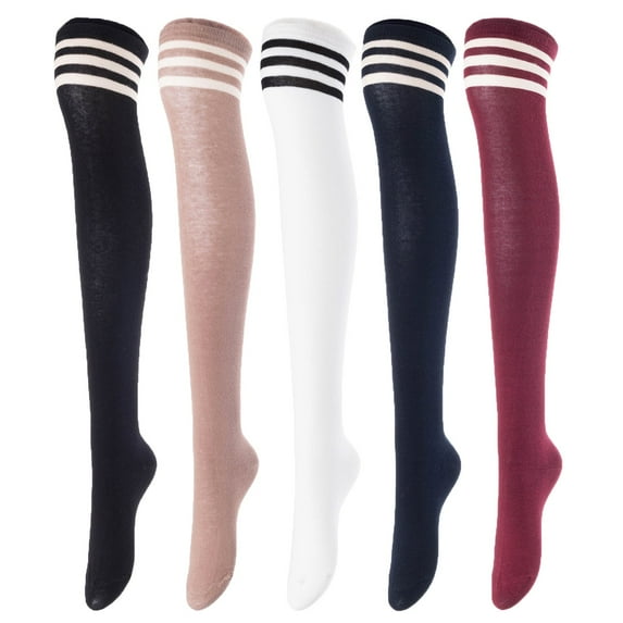 Lovely Annie Big Girl's Women's 5 Pairs Over Knee High Thigh High Cotton Boot Socks Size 6-9Black, Khaki, White, Navy, Wine 5c8