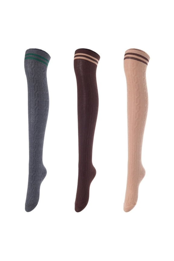 Women's 3 Pairs Incredible Durable Super Soft Unique Over Knee High Thigh High Cotton Socks Size 5-9 A1023(DarkGrey,Coffee,Khaki)