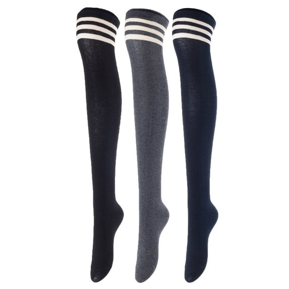 Lovely Annie Women's 3 Pairs Over Knee High Thigh High Cotton Boot Socks Size 6-9Black, Dark Grey, Navy J1022-3c9
