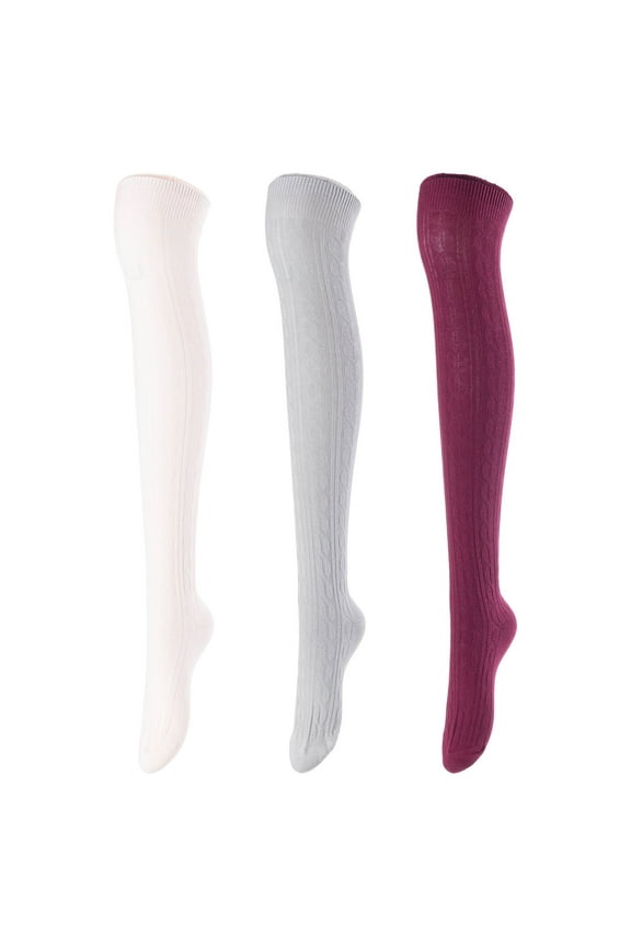Women's 3 Pairs Incredible Durable Super Soft Unique Over Knee High Thigh High Cotton Socks Size 6-9 A1024 Beige,Light Grey,Wine