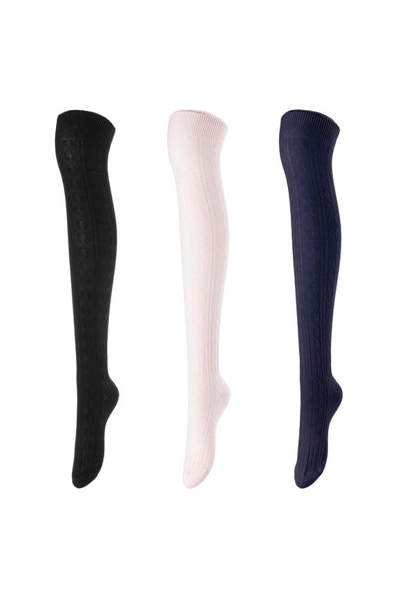 Women's 3 Pairs Incredible Durable Super Soft Unique Over Knee High Thigh High Cotton Socks Size 6-9 A1024 Black,Beige,Navy