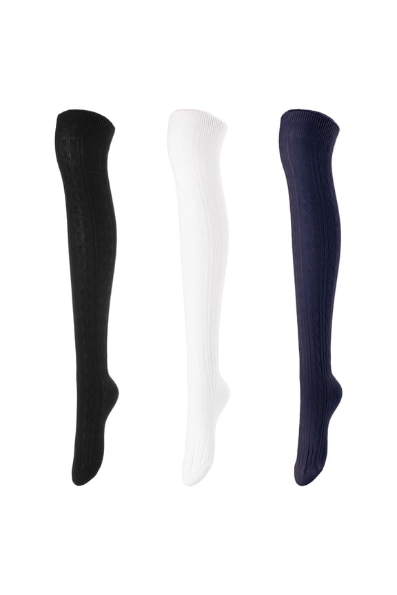 Women's 3 Pairs Incredible Durable Super Soft Unique Over Knee High Thigh High Cotton Socks Size 6-9 A1024 Black,Cream,Navy