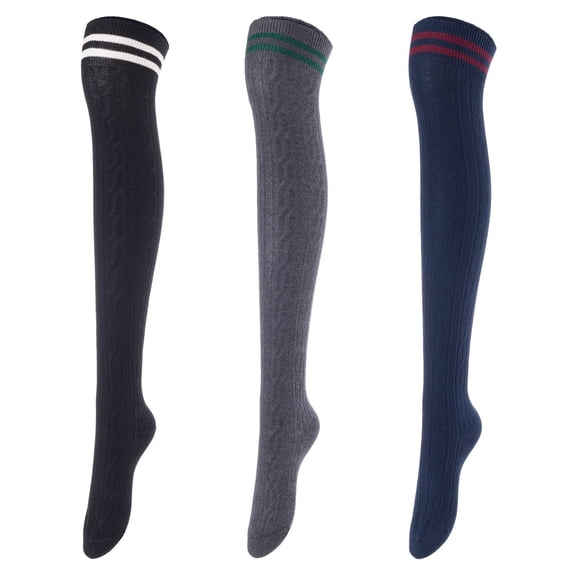 Lovely Annie Women's 3 Pairs Incredible Durable Super Soft Unique Over Knee High Thigh High Cotton Socks Size 6-9 A1023(Black,DarkGrey,Navy)