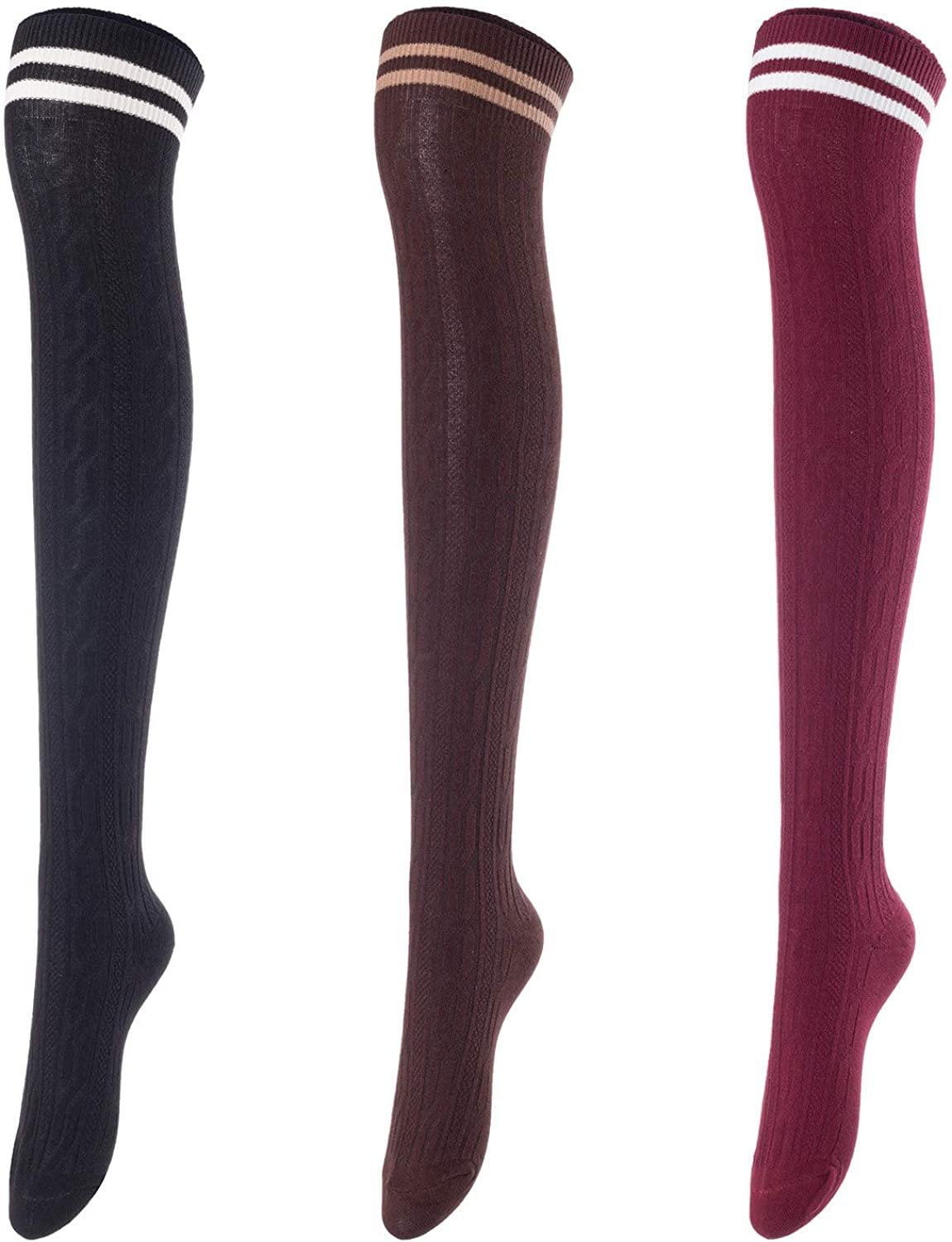 Lovely Annie Women's 3 Pairs Over Knee High Thigh High Cotton Socks ...