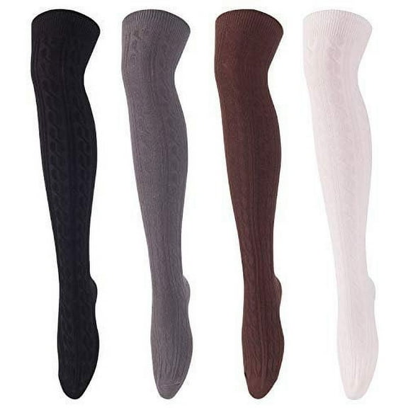 Lovely Annie Women's 4 Pairs Over Knee High Cotton Socks JMYP1024 Size UK 3-8/EUR 36-39 Style 04 (Black,Coffee,Dark Grey, Beige)
