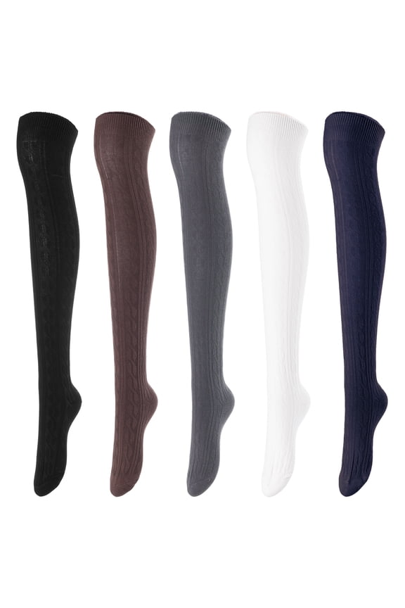 Women's 5 Pairs Over Knee High Thigh-High Cotton Socks Size 6-9 L1024-5p5c4(Black,Coffee,Dark Grey,Cream,Navy)