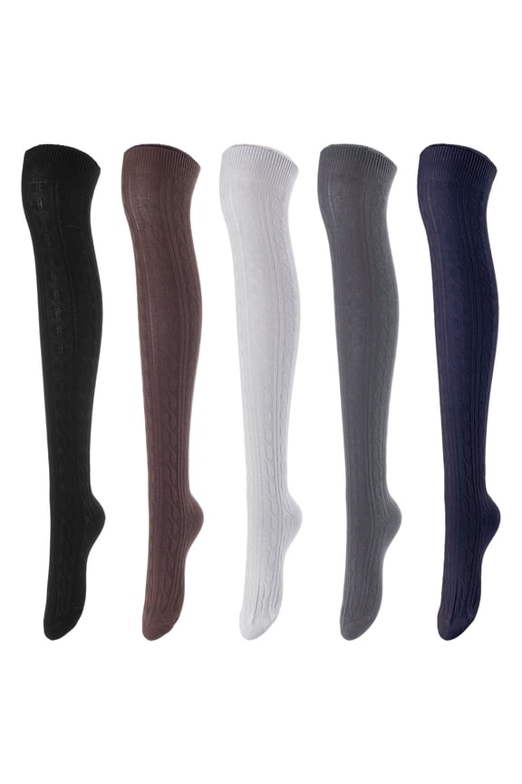 Women's 5 Pairs Over Knee High Thigh-High Cotton Socks Size 6-9 L1024 5p5c16(Black,Coffee,Grey,Dark Grey,Navy)
