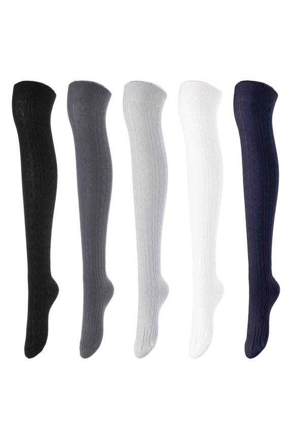 Women's 5 Pairs Over Knee High Thigh-High Cotton Socks Size 6-9 L1024 5p5c18(Black,Dark Grey,Grey,Cream,Navy)