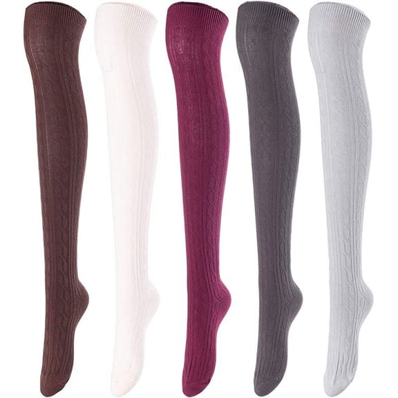 Lovely Annie Women's 5 Pairs Incredible Durable Super Soft Unique Over Knee High Thigh High Cotton Socks Size 6-9 A1024(Coffee,Beige,Wine,DG,Grey)