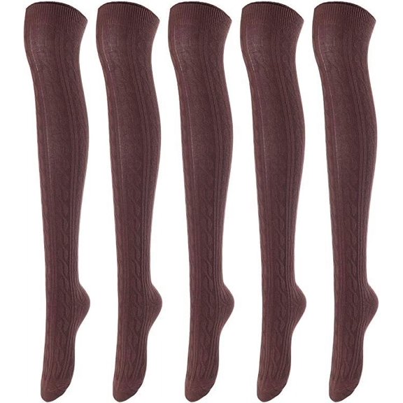 Lovely Annie Women's 5 Pairs Incredible Durable Super Soft Unique Over Knee High Thigh High Cotton Socks Size 6-9 A1024 (Coffee)