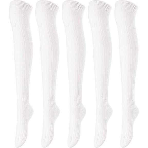 Lovely Annie Women's 5 Pairs Incredible Durable Super Soft Unique Over Knee High Thigh High Cotton Socks Size 6-9 A1024 (White)