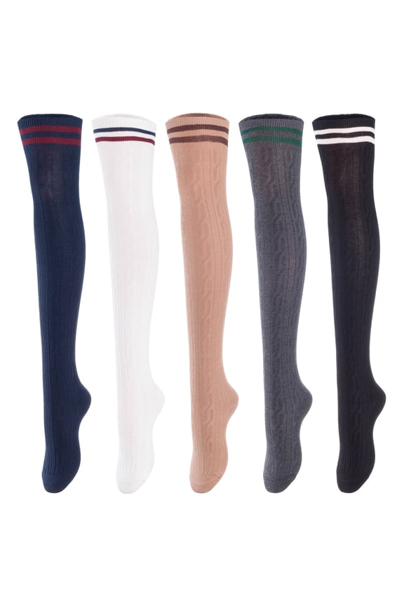 Women's 5 Pairs Over Knee High Thigh High Cotton Boot Socks Size 6-9(Black, Dark Grey, Khaki, White, Navy) 5c6