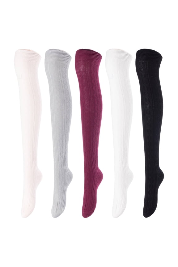 Women's 5 Pairs Over Knee High Thigh High Cotton Socks A1024 Size 6-9
