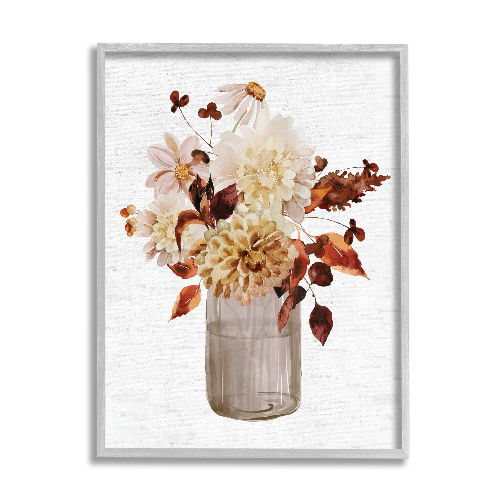Lovely Autumnal Flower Bouquet Rustic Grain Pattern Botanical & Floral Painting Framed Art Print Wall Art