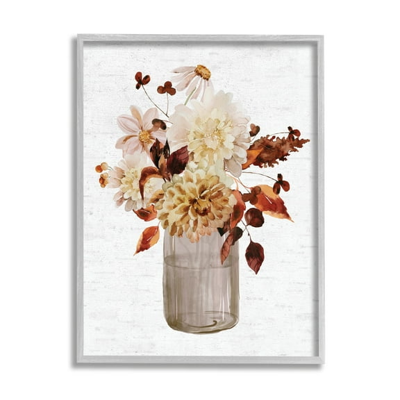 Lovely Autumnal Flower Bouquet Rustic Grain Pattern Botanical & Floral Painting Framed Art Print Wall Art