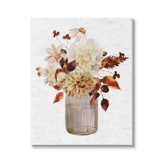 Lovely Autumnal Flower Bouquet Rustic Grain Pattern Botanical & Floral Painting Gallery-Wrapped Canvas Print Wall Art