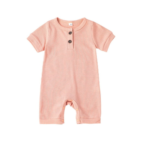 Lovely Baby Romper, Short Sleeve Round Neck Solid Color Ribbed Buttoned Short Pants for Summer Spring, Kids Clothing