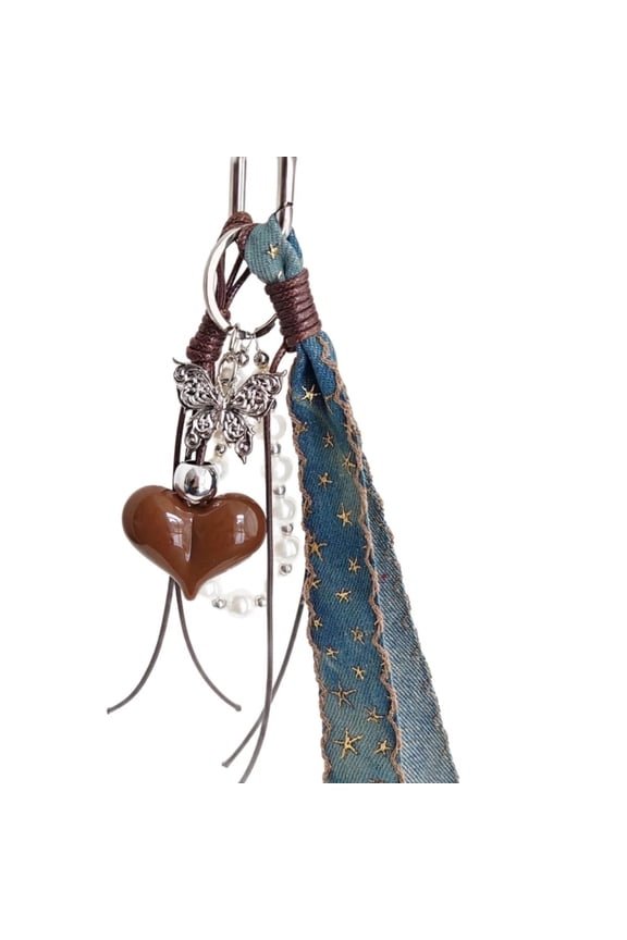 Lovely Bag Charm Pendant Keyring Heart,Denims Braided Rope Keychain Bag Charm for Backpack Purse Handbag Decorations