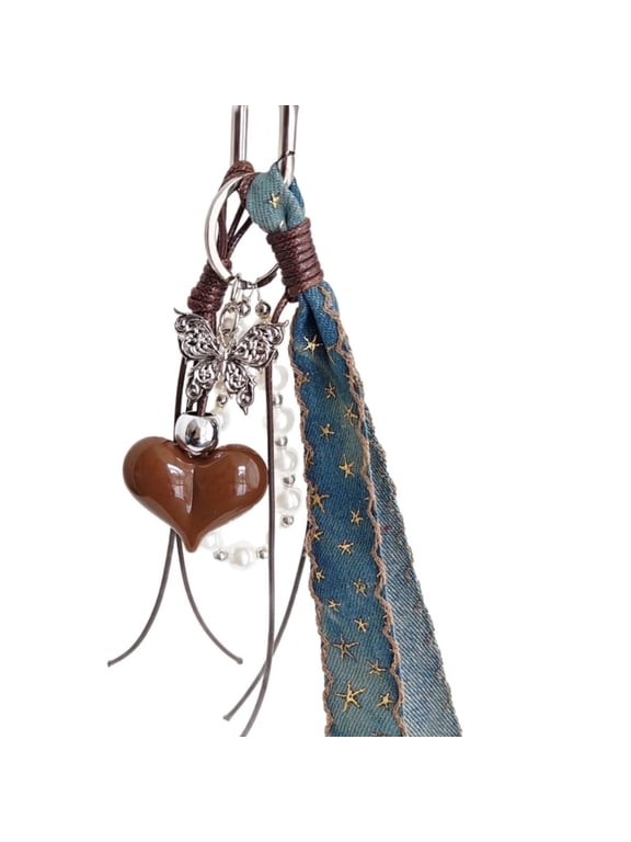 Lovely Bag Charm Pendant Keyring Heart,Denims Braided Rope Keychain Bag Charm for Backpack Purse Handbag Decorations